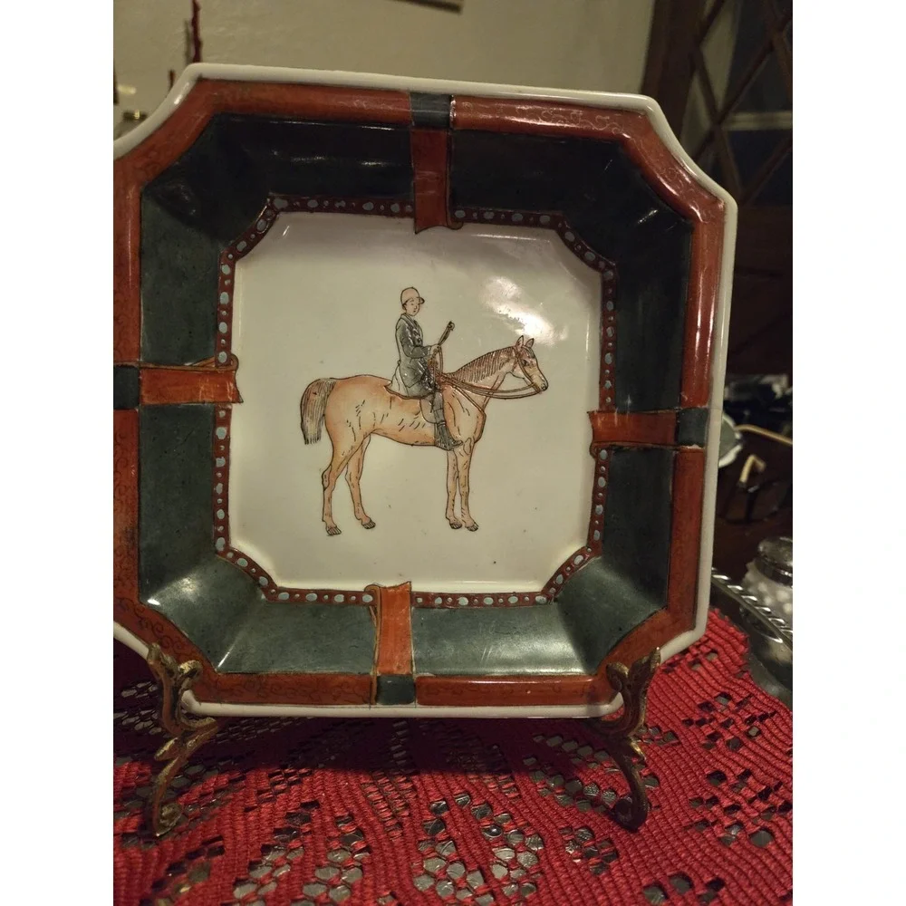 vintage Japanese Kutani equestrian dish features a hand-painted horse and rider